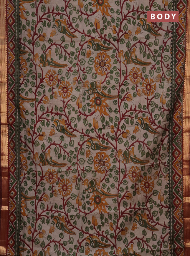 Semi maheshwari cotton saree beige and maroon with allover kalamkari prints and zari woven border