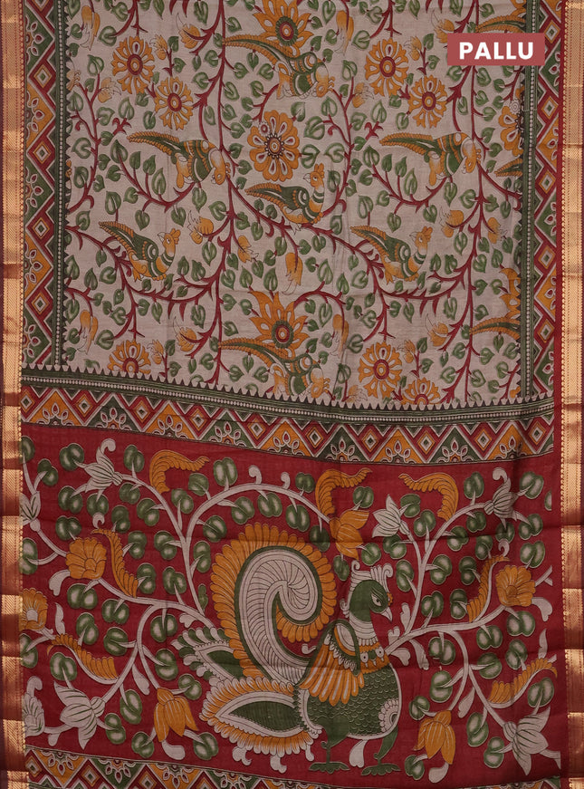 Semi maheshwari cotton saree beige and maroon with allover kalamkari prints and zari woven border