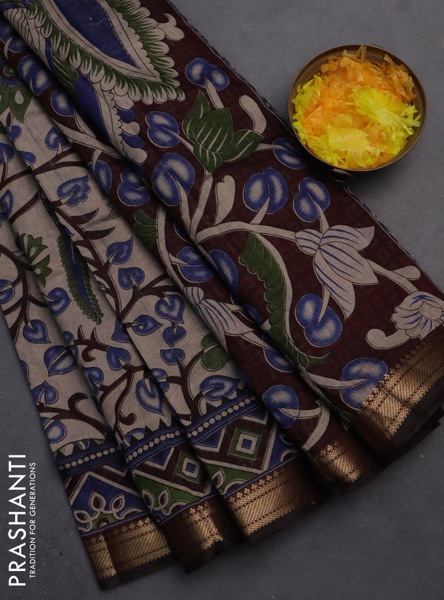 Semi maheshwari cotton saree beige and brown with allover kalamkari prints and zari woven border