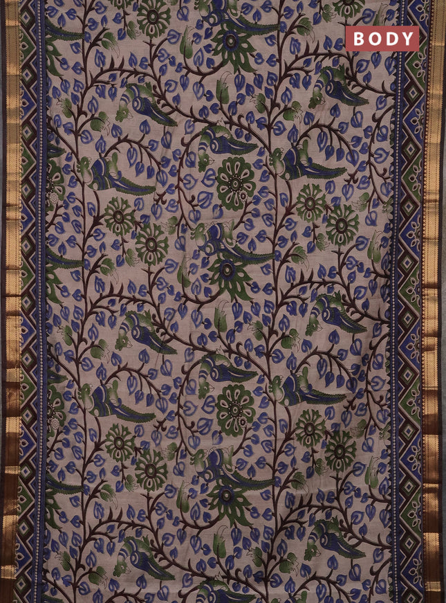 Semi maheshwari cotton saree beige and brown with allover kalamkari prints and zari woven border
