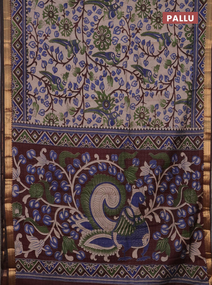 Semi maheshwari cotton saree beige and brown with allover kalamkari prints and zari woven border