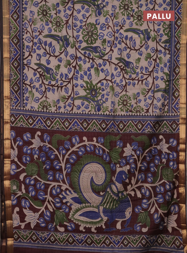 Semi maheshwari cotton saree beige and brown with allover kalamkari prints and zari woven border