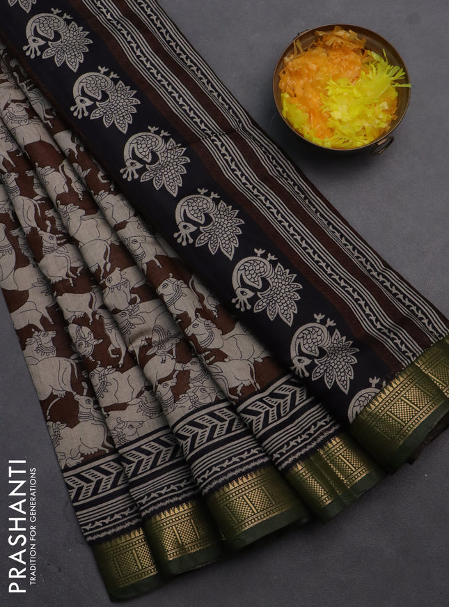 Semi maheshwari cotton saree coffee brown and sap green with allover pichwai prints and zari woven border