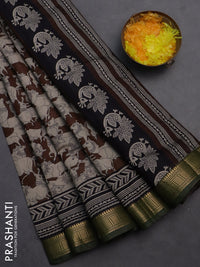 Semi maheshwari cotton saree coffee brown and sap green with allover pichwai prints and zari woven border