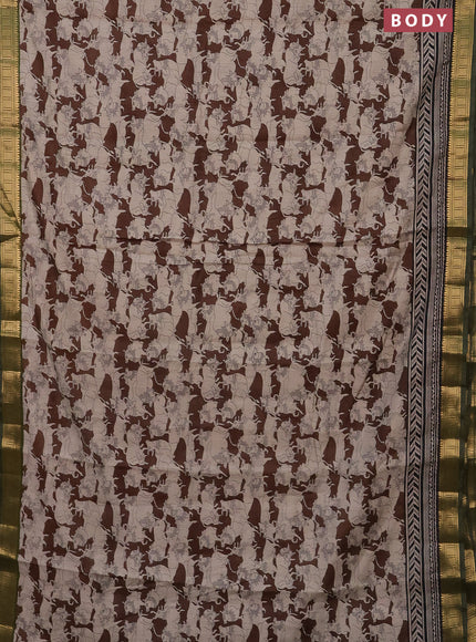 Semi maheshwari cotton saree coffee brown and sap green with allover pichwai prints and zari woven border