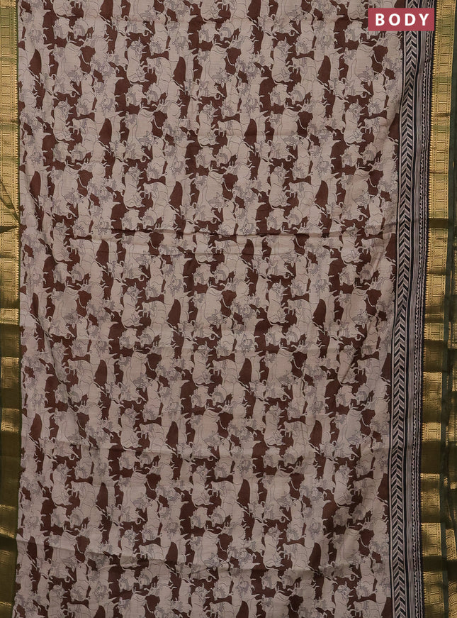 Semi maheshwari cotton saree coffee brown and sap green with allover pichwai prints and zari woven border