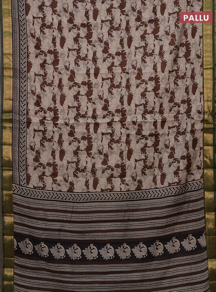 Semi maheshwari cotton saree coffee brown and sap green with allover pichwai prints and zari woven border