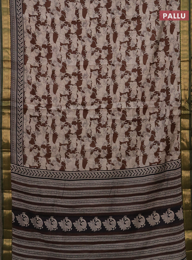 Semi maheshwari cotton saree coffee brown and sap green with allover pichwai prints and zari woven border