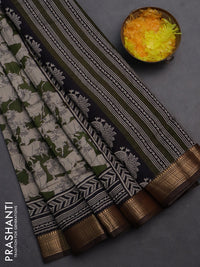 Semi maheshwari cotton saree sap green and coffee brown with allover pichwai prints and zari woven border