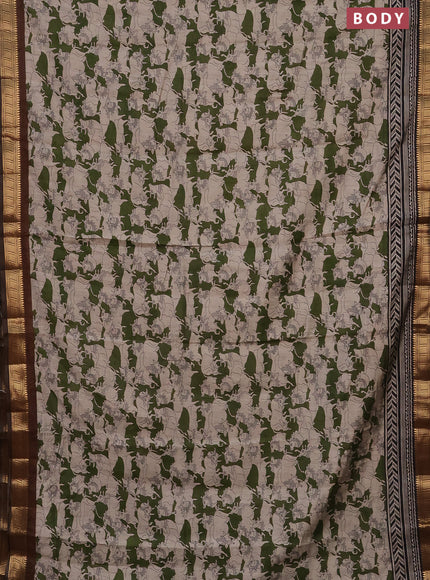 Semi maheshwari cotton saree sap green and coffee brown with allover pichwai prints and zari woven border