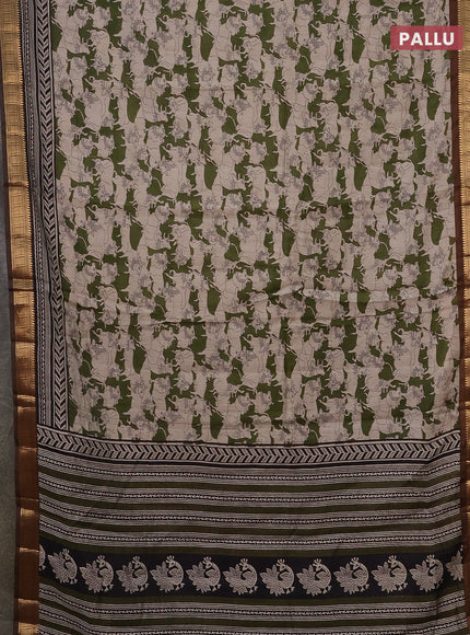 Semi maheshwari cotton saree sap green and coffee brown with allover pichwai prints and zari woven border