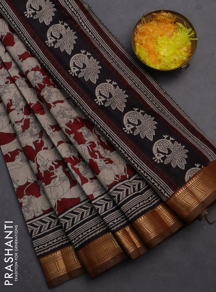 Semi maheshwari cotton saree beige maroon and dark mustard with allover pichwai prints and zari woven border
