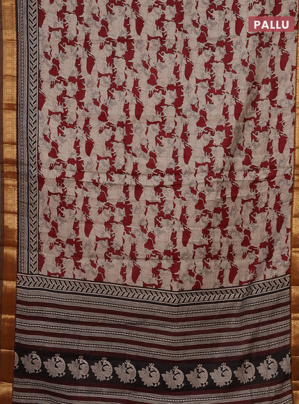 Semi maheshwari cotton saree beige maroon and dark mustard with allover pichwai prints and zari woven border