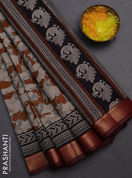 Semi maheshwari cotton saree dark mustard and maroon with allover pichwai prints and zari woven border