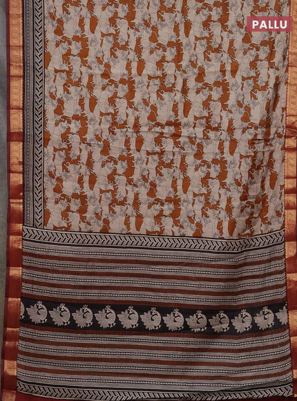 Semi maheshwari cotton saree dark mustard and maroon with allover pichwai prints and zari woven border