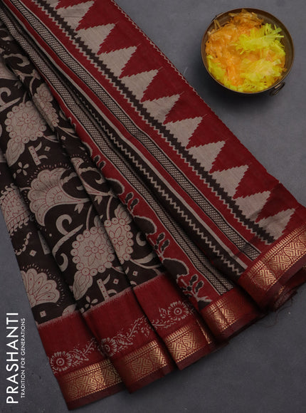 Semi maheshwari cotton saree coffee brown and maroon with allover kalamkari prints and zari woven border