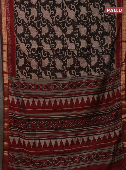 Semi maheshwari cotton saree coffee brown and maroon with allover kalamkari prints and zari woven border