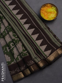 Semi maheshwari cotton saree sap green and coffee brown with allover kalamkari prints and zari woven border