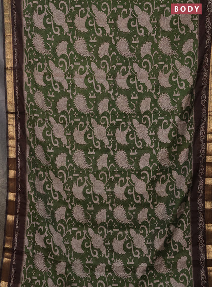 Semi maheshwari cotton saree sap green and coffee brown with allover kalamkari prints and zari woven border