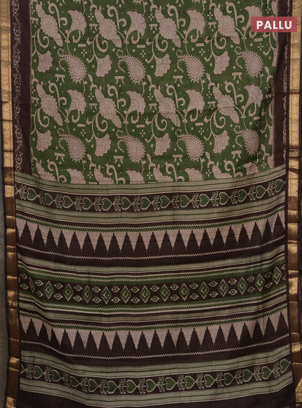 Semi maheshwari cotton saree sap green and coffee brown with allover kalamkari prints and zari woven border