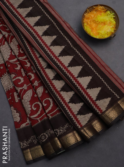 Semi maheshwari cotton saree maroon and coffee brown with allover kalamkari prints and zari woven border