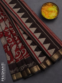 Semi maheshwari cotton saree maroon and coffee brown with allover kalamkari prints and zari woven border