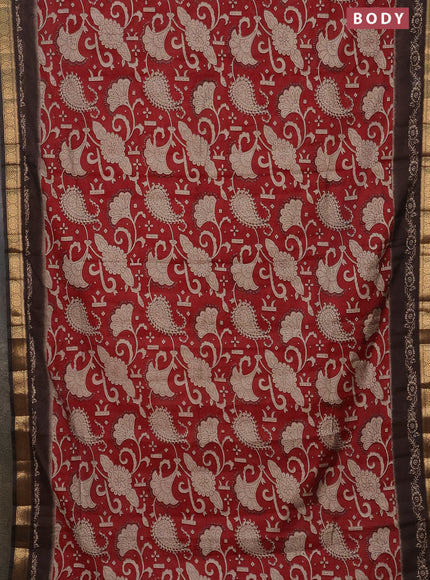 Semi maheshwari cotton saree maroon and coffee brown with allover kalamkari prints and zari woven border