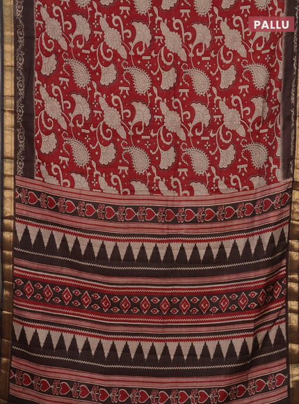 Semi maheshwari cotton saree maroon and coffee brown with allover kalamkari prints and zari woven border