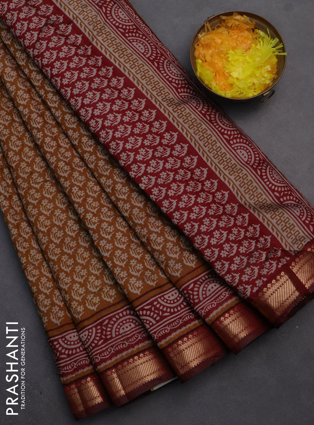 Semi maheshwari cotton saree dark mustard and maroon with allover butta prints and zari woven border