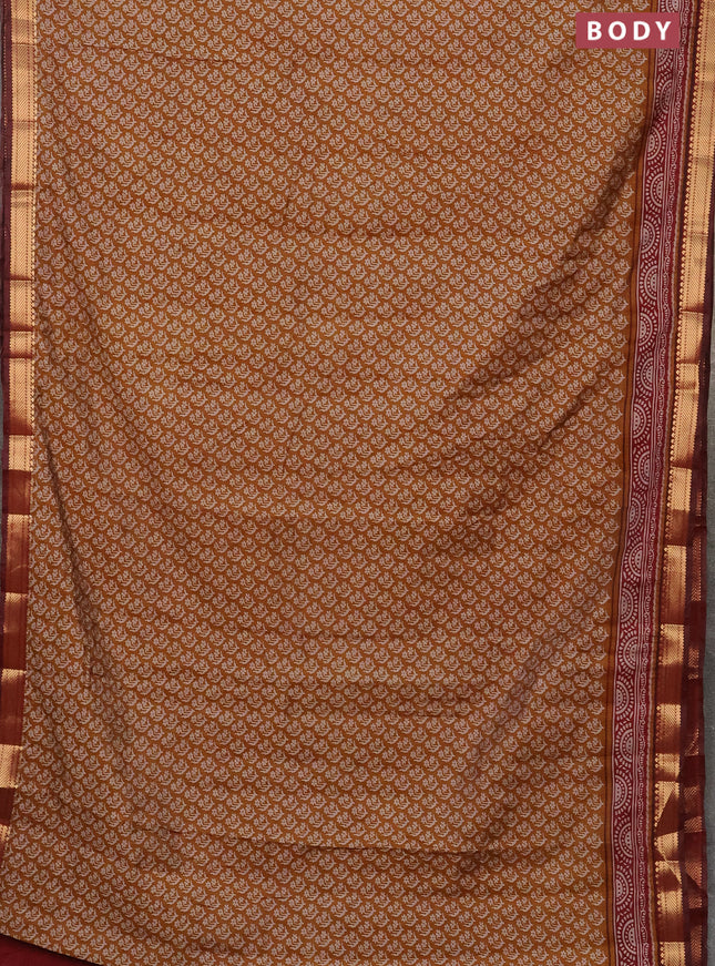 Semi maheshwari cotton saree dark mustard and maroon with allover butta prints and zari woven border