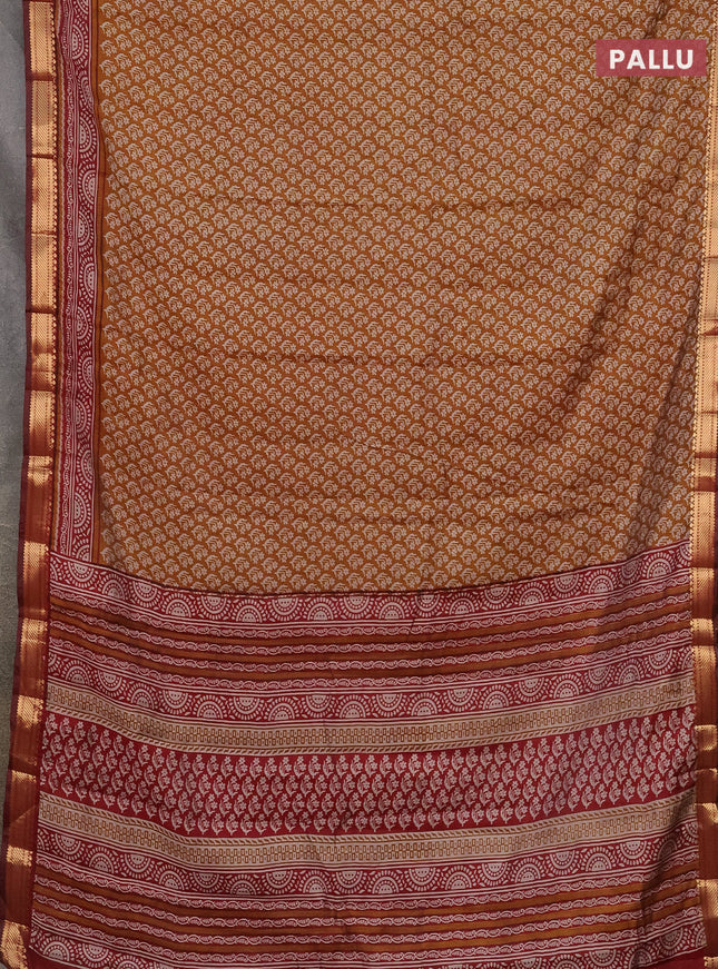 Semi maheshwari cotton saree dark mustard and maroon with allover butta prints and zari woven border