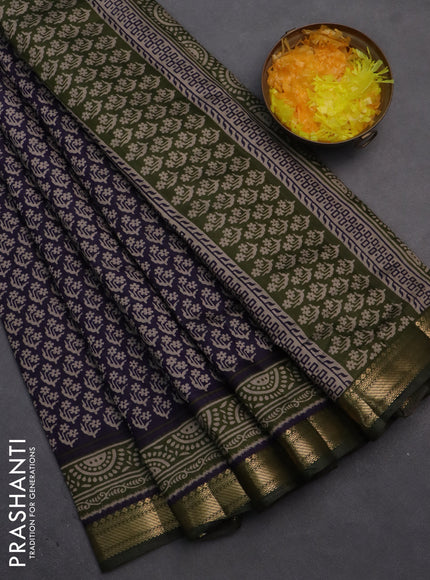 Semi maheshwari cotton saree dark blue and sap green with allover butta prints and zari woven border