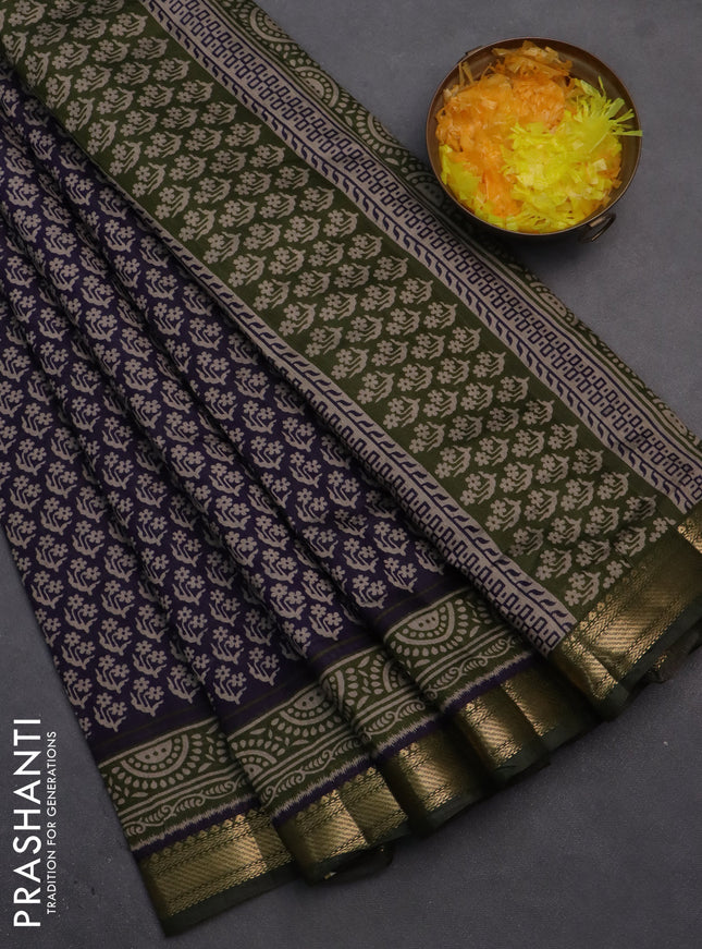 Semi maheshwari cotton saree dark blue and sap green with allover butta prints and zari woven border