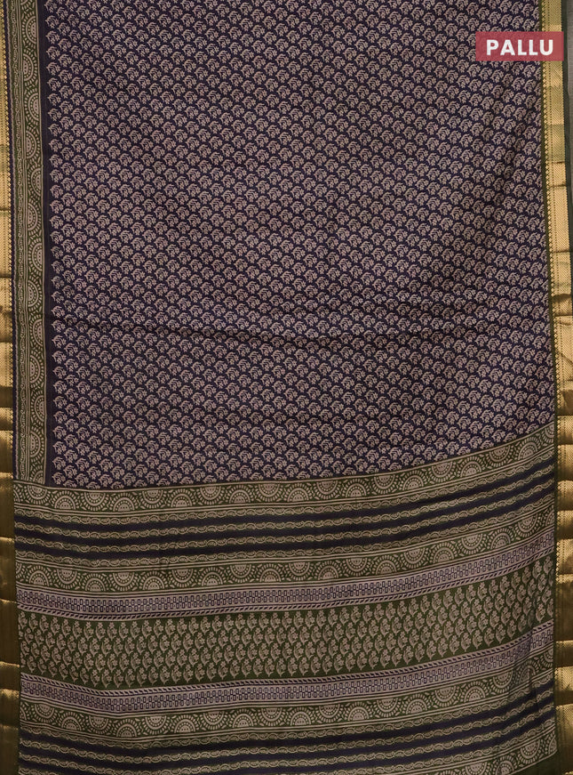 Semi maheshwari cotton saree dark blue and sap green with allover butta prints and zari woven border