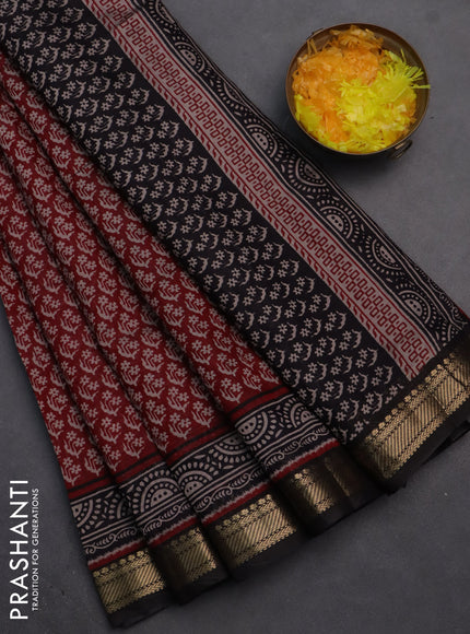 Semi maheshwari cotton saree maroon and black with allover butta prints and zari woven border