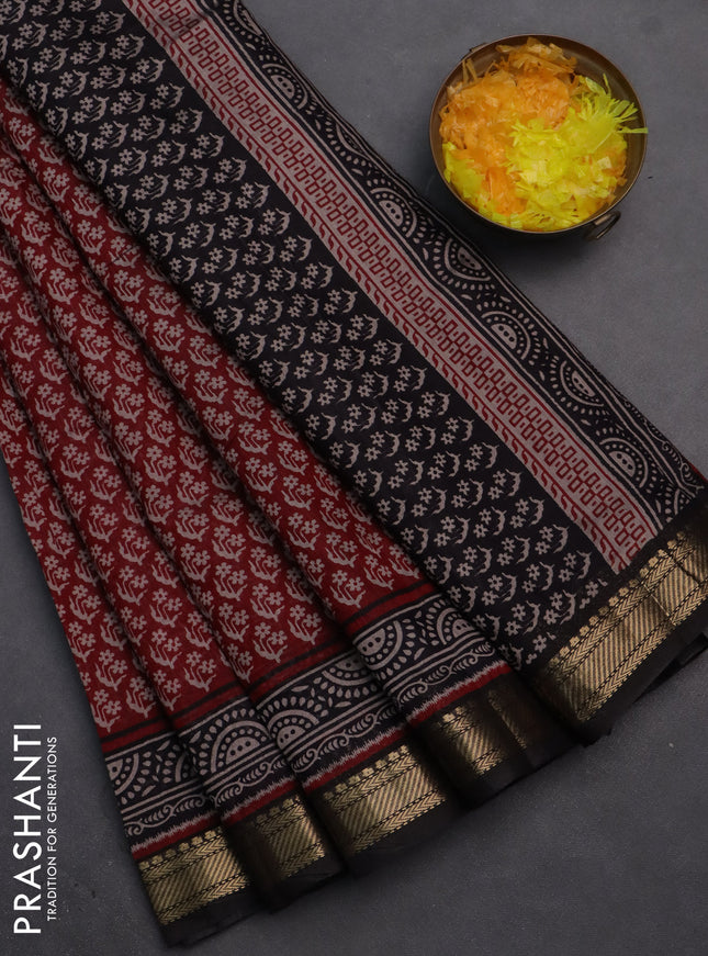 Semi maheshwari cotton saree maroon and black with allover butta prints and zari woven border