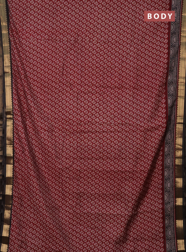 Semi maheshwari cotton saree maroon and black with allover butta prints and zari woven border