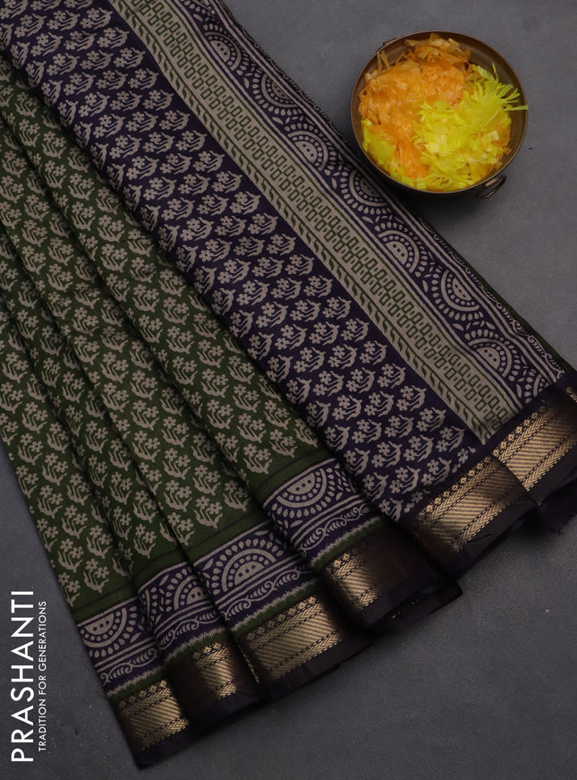 Semi maheshwari cotton saree sap green and dark blue with allover butta prints and zari woven border
