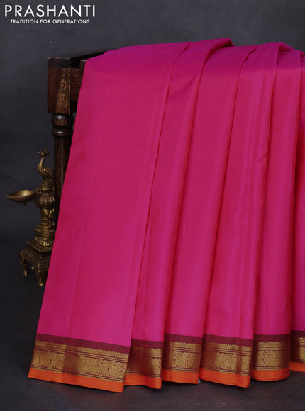 Pure kanchipuram silk saree PINK and orange with plain body and zari woven border