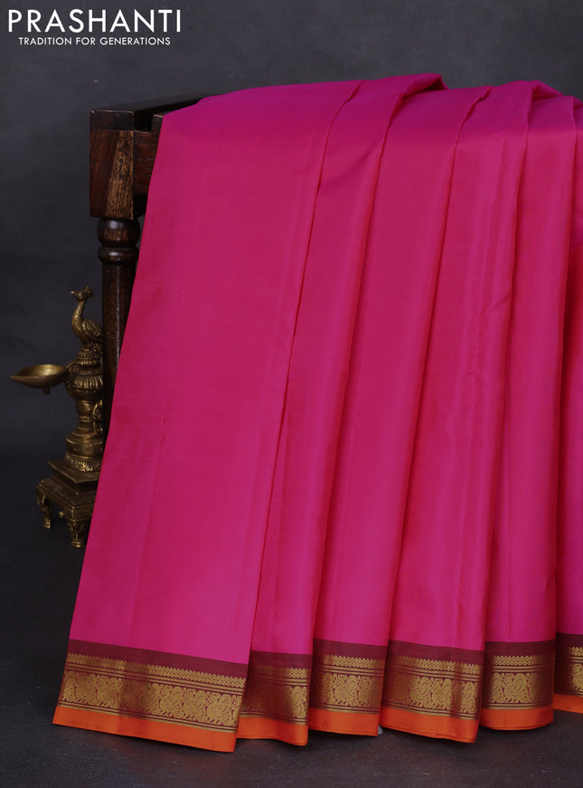 Pure kanchipuram silk saree PINK and orange with plain body and zari woven border