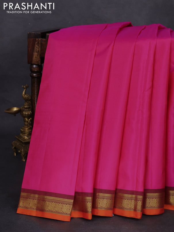 Pure kanchipuram silk saree PINK and orange with plain body and zari woven border