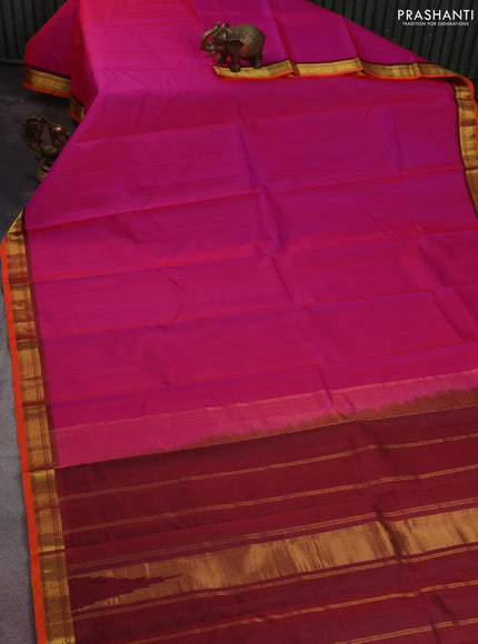 Pure kanchipuram silk saree PINK and orange with plain body and zari woven border