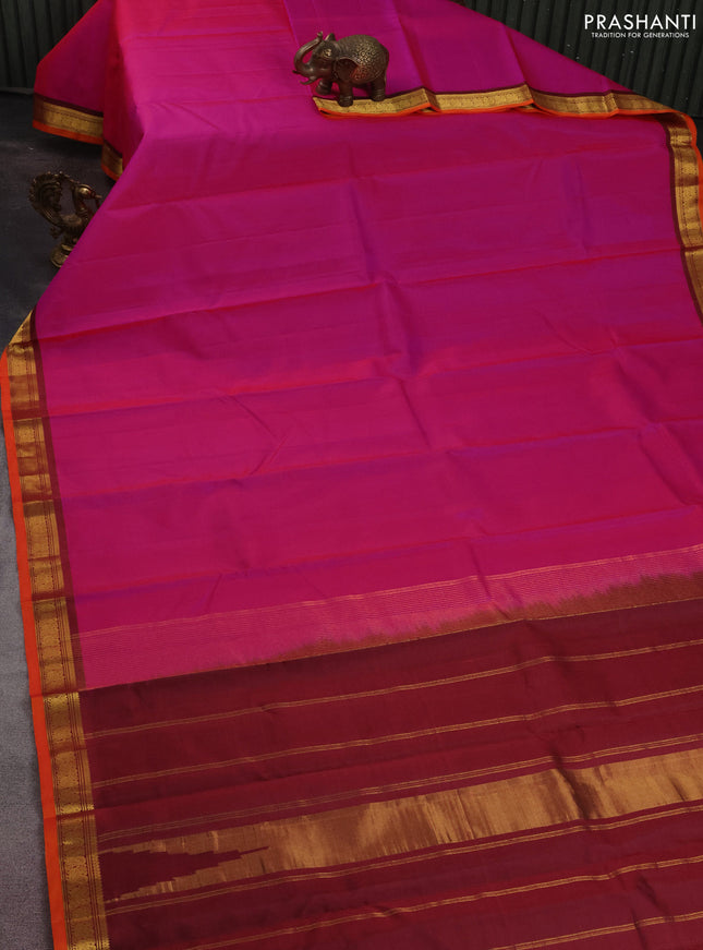 Pure kanchipuram silk saree PINK and orange with plain body and zari woven border