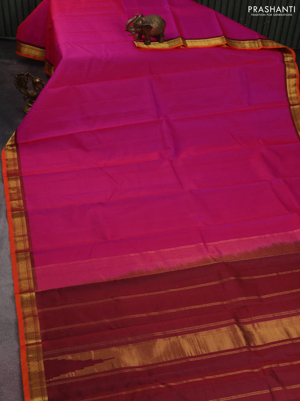 Pure kanchipuram silk saree PINK and orange with plain body and zari woven border