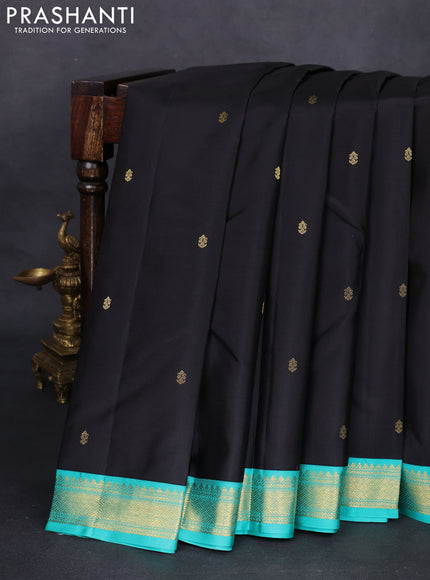 Pure kanchipuram silk saree black and teal green with zari woven buttas and zari woven border