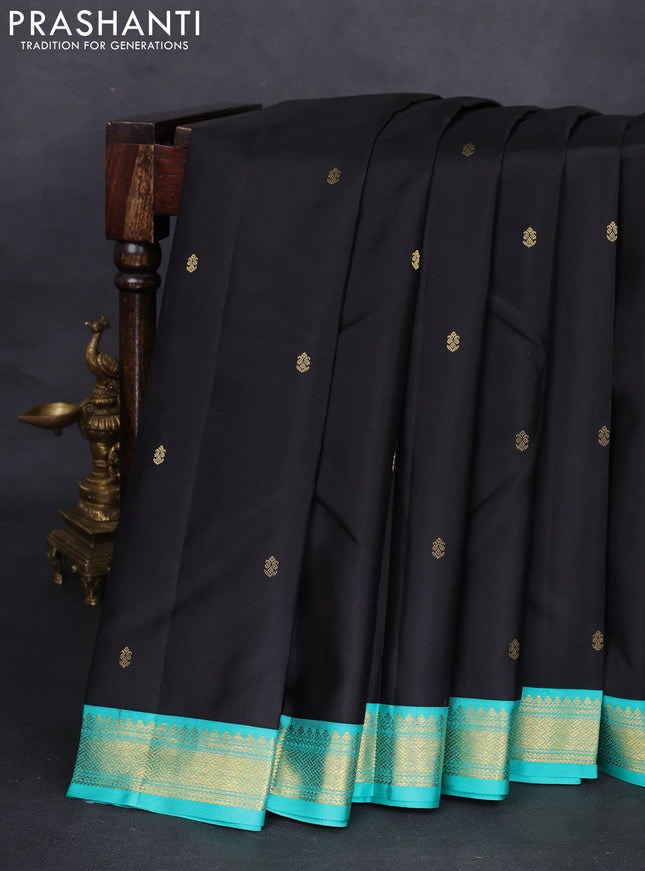 Pure kanchipuram silk saree black and teal green with zari woven buttas and zari woven border
