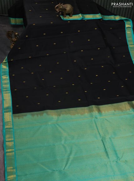 Pure kanchipuram silk saree black and teal green with zari woven buttas and zari woven border