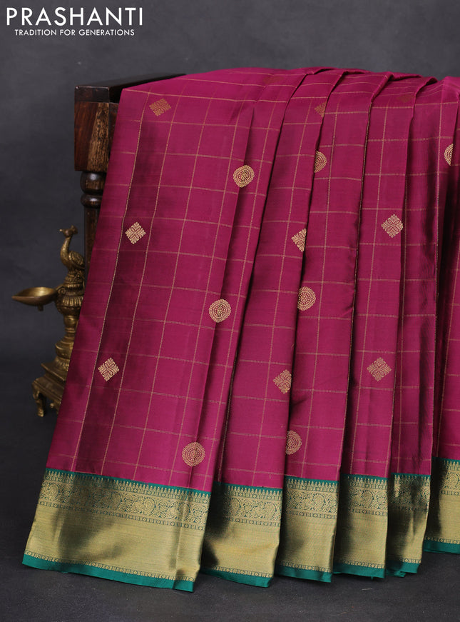 Pure kanchipuram silk saree dark magenta pink and green with allover checks & zari buttas and zari woven korvai border