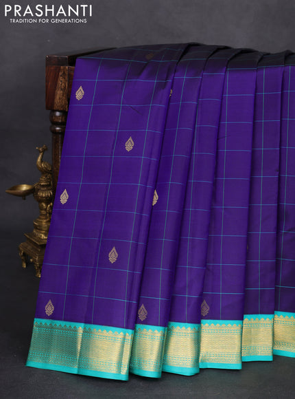 Pure kanchipuram silk saree blue and teal green with allover checks & zari buttas and zari woven korvai border