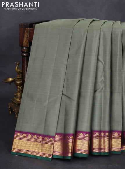 Pure kanchipuram silk saree greyish green and purple with plain body and zari woven korvai border